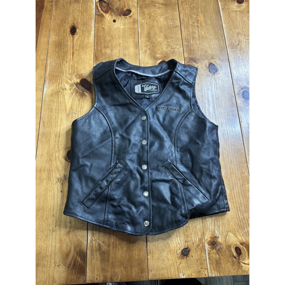 Victory Motorcycles Pure Black Leather Vest Women's Size M Motorcycle Biker USA